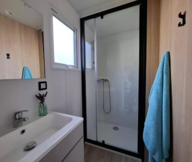Salle de bain avec cabine de douche dans l'hébergement du Camping de La Piscine
