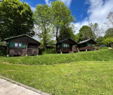 Chalets en bois sur pelouse bordée d'arbres au Camping de Tauves