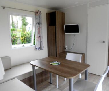 Intérieur salon avec table et télévision du Camping de Trezulien