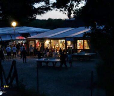 Accueil nocturne avec terrasse couverte et convives au Camping de l'Etang du Pays Blanc
