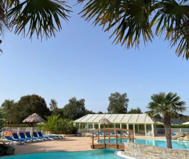 Piscine extérieure avec solarium et palmiers au Camping de la Plage de Cleut-Rouz