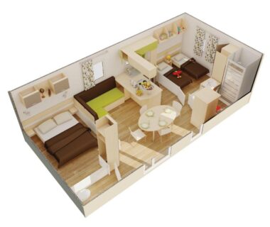 Intérieur avec salon cuisine et chambres du mobil home Camping de la Treille