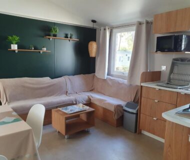 Salon avec canapé et kitchenette dans le mobil-home du Camping du Bois Dormant