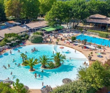 Piscine lagon avec palmiers et transats au Camping du Domaine de la Forge