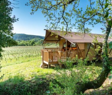 Véranda de lodge en bois au milieu des vignes au Camping et Lodges de Coucouzac