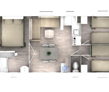 Plan intérieur d'un mobil-home avec salon et chambres du Camping la Simioune