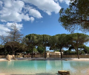Piscine lagon bordée de pins au Camping la Tamarissière