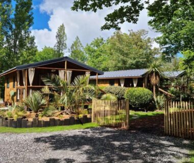 Terrasse en bois entourée de végétation au Camping le Marache