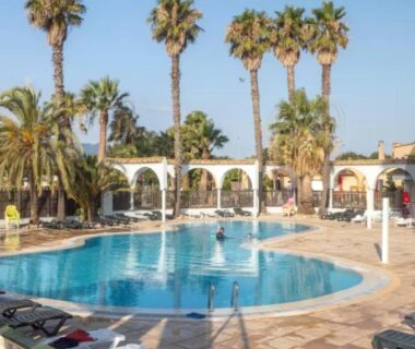 Piscine extérieure entourée de palmiers au Camping le Neptune 4 étoiles