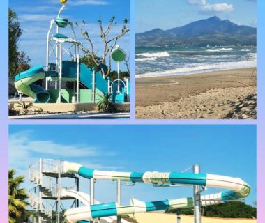 Parc aquatique avec toboggans et plage au Camping le Neptune 4 étoiles
