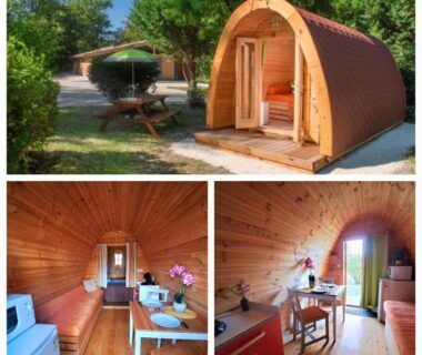Extérieur et intérieur de pod en bois avec table de pique-nique au Camping le beauvillage Lauzerte