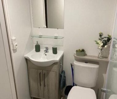 Salle de bain avec lavabo miroir et WC dans le mobil home Séléna