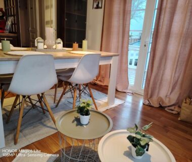 Coin repas avec table chaises et plantes au Camping le petit RIO