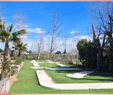 Parcours de mini golf bordé de palmiers au Camping les Sables du Midi
