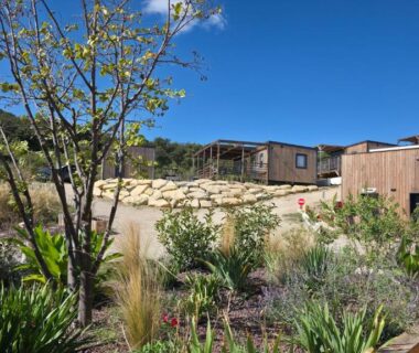 Jardin paysager et lodges en bois au Camping les lodges du lagon
