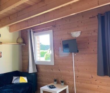 Intérieur de chalet avec canapé et télévision au Camping les vergers de Squividan ***