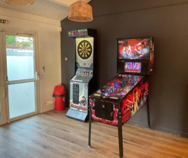 Salle de jeux avec flipper et cible de fléchettes au Camping loyoda