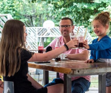 Terrasse couverte avec famille trinquant au Camping maeva Escapades Millau Plage