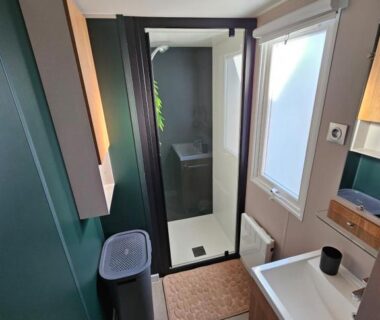 Salle de bain avec douche et lavabo du mobil home Casa Luisa