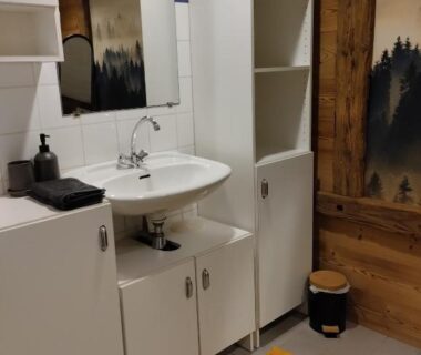 Salle de bain avec lavabo miroir et rangements dans le Chalet 9 personnes, piscine, terrasse