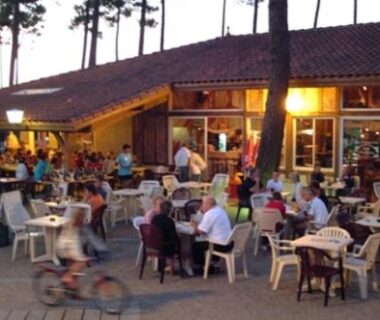 Terrasse extérieure avec tables et convives au Chalet Camping Les Vignes