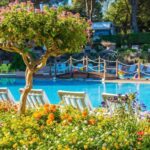 Piscine et chaises longues dans un jardin fleuri au Chalet Coco