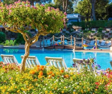 Piscine et chaises longues dans un jardin fleuri au Chalet Coco