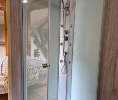 Salle de bain cabine de douche vitrée dans le Chalet avec piscine 2C