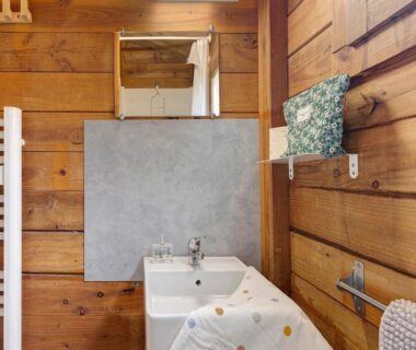 Salle de bain en bois avec lavabo miroir et porte-serviettes dans le Chalet bois 8 Domaine Les Epinettes