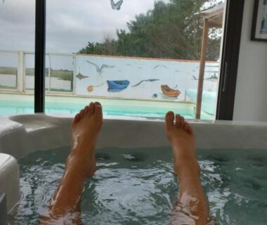 Spa intérieur avec jacuzzi et vue sur piscine du Chalet chez le breton des marais