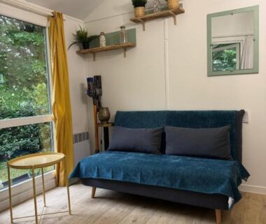 Séjour avec canapé bleu et fenêtre donnant sur la végétation du Chalet cosy au cœur de la nature
