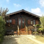Allée et façade de chalet en bois au camping Le Libellule