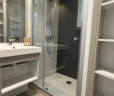 Salle de bain avec douche vitrée et lavabo dans le Chalet en bord de plage
