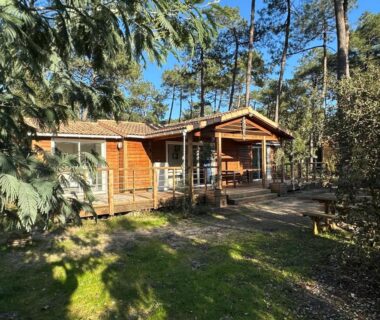 Terrasse et chalet en bois dans la pinède au Chalet en bord de plage