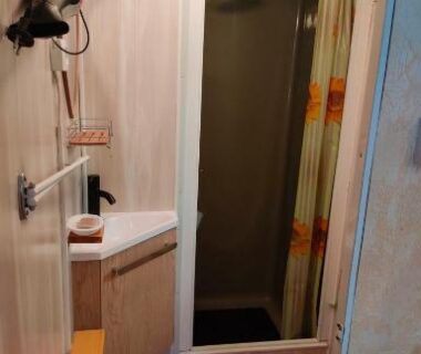 Salle de bain avec cabine de douche et lavabo du Charmant Mobil home style chalet