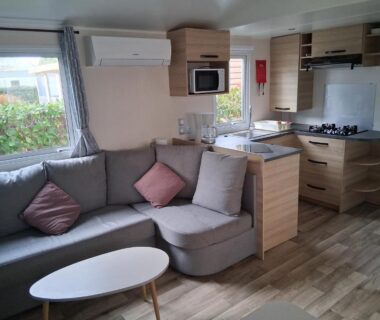 Intérieur avec coin salon et cuisine du Charmant mobil-home N°698 3ch tout confort au calme