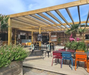 Pergola terrasse avec tables et chaises colorées et plantes au Charmant mobil-home cosy 149