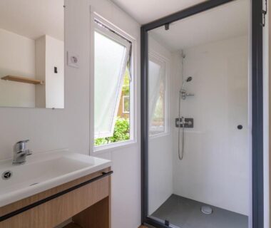 Salle de bain avec douche et lavabo au Château de l'Hom