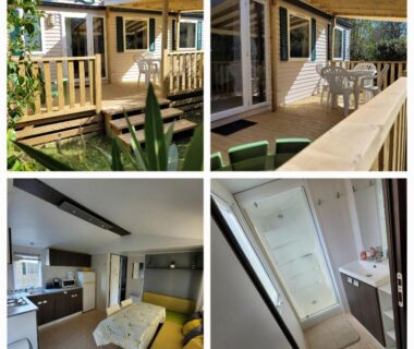 Terrasse en bois avec salon de jardin du mobil-home Chez Coralie