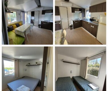 Mobil-home intérieur avec séjour cuisine et deux chambres au camping Chez Coralie
