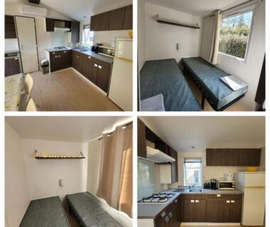 Intérieur avec cuisine équipée et lits du mobil-home Chez Coralie