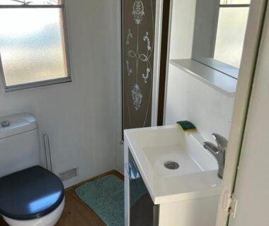 Salle de bain avec lavabo miroir et WC au camping Chez Dom & Oli camping GINA PARK