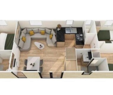 Plan intérieur avec salon cuisine et trois chambres du Clearedtochill Mobilhome 6P Camping Siblu Bois Dormant