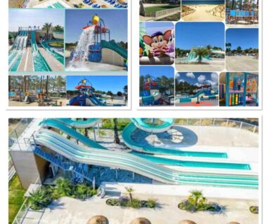 Parc aquatique avec toboggans transats et parasols au camping Coeur Des Sables