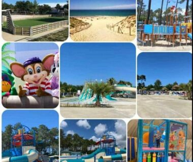 Parc aquatique avec piscines et toboggans au camping Coeur Des Sables