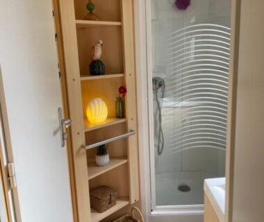 Salle de bains avec douche et étagères dans le Coquet mobilehome 8 places