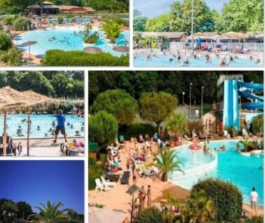 Piscine centrale avec toboggans et transats au Cottage cosy Bassin d'Arcachon