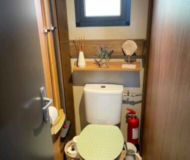 WC compact avec siège vert et étagère décorative dans le Cottage cosy Bassin d'Arcachon