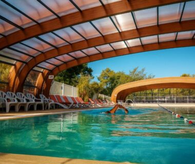 Piscine couverte avec chaises longues et abri rétractable au Cozy-House tout confort camping 4 étoiles