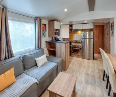 Séjour avec canapé et kitchenette dans le Cozy Stacaravan In Saint-Julien-En-Born